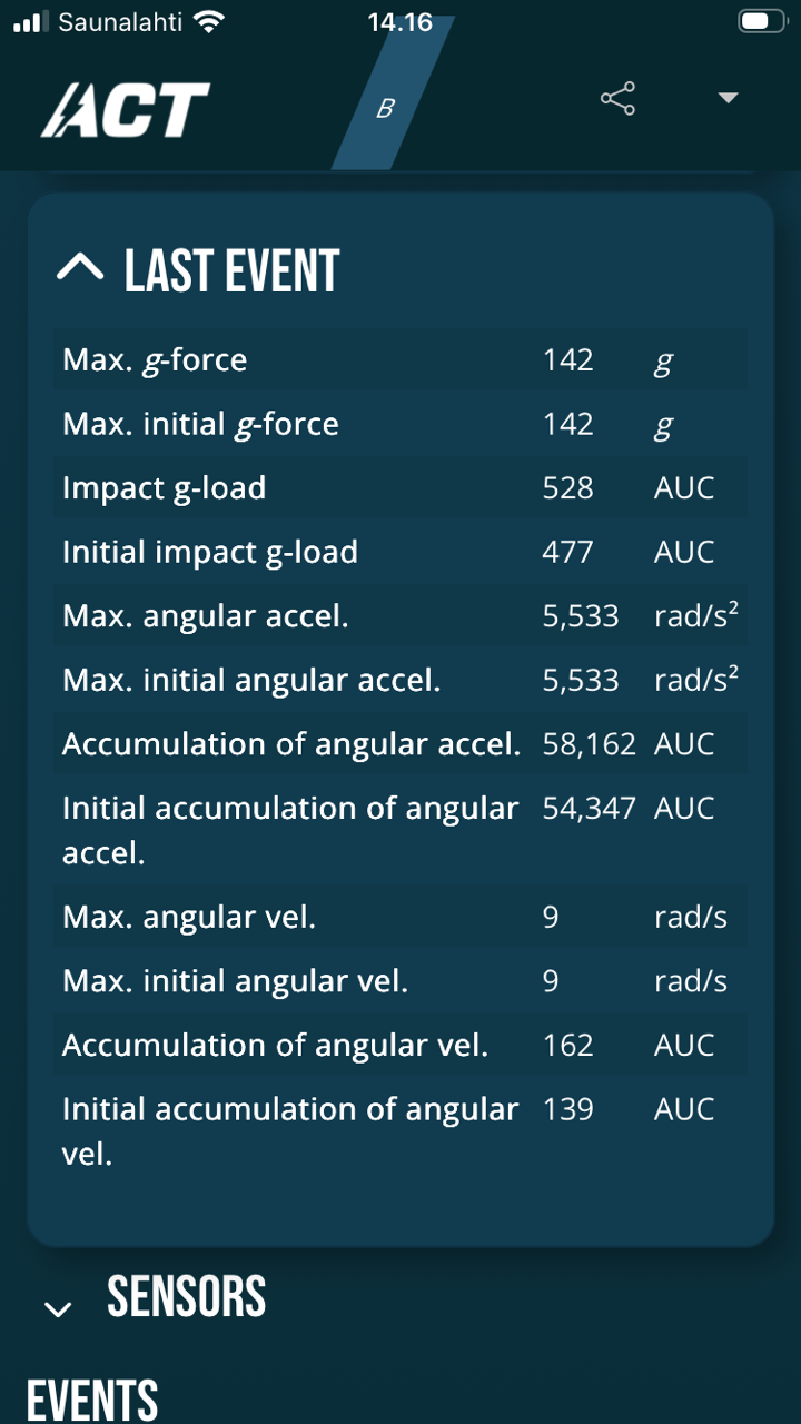 ACT app: the full measurement detail for a single event