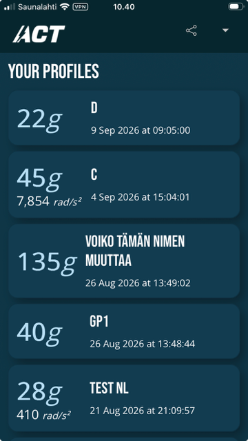 ACT app: the profile list with peak g-force for each
