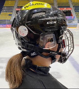 Sensor on a CCM ice hockey helmet with a cage