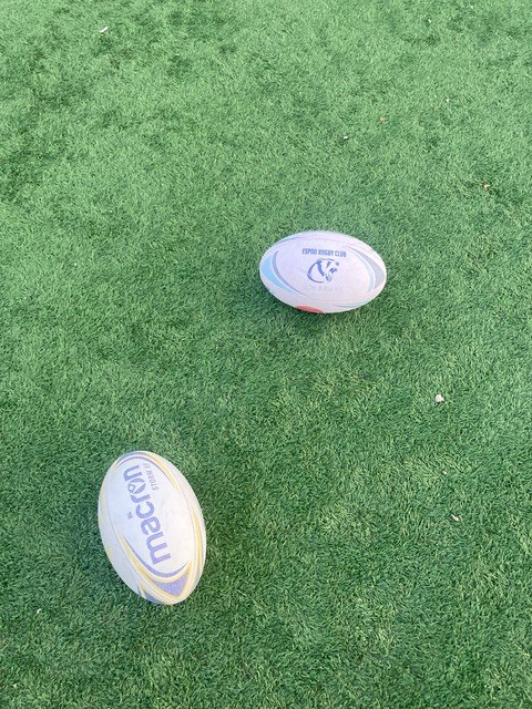 Two rugby balls on a grass pitch
