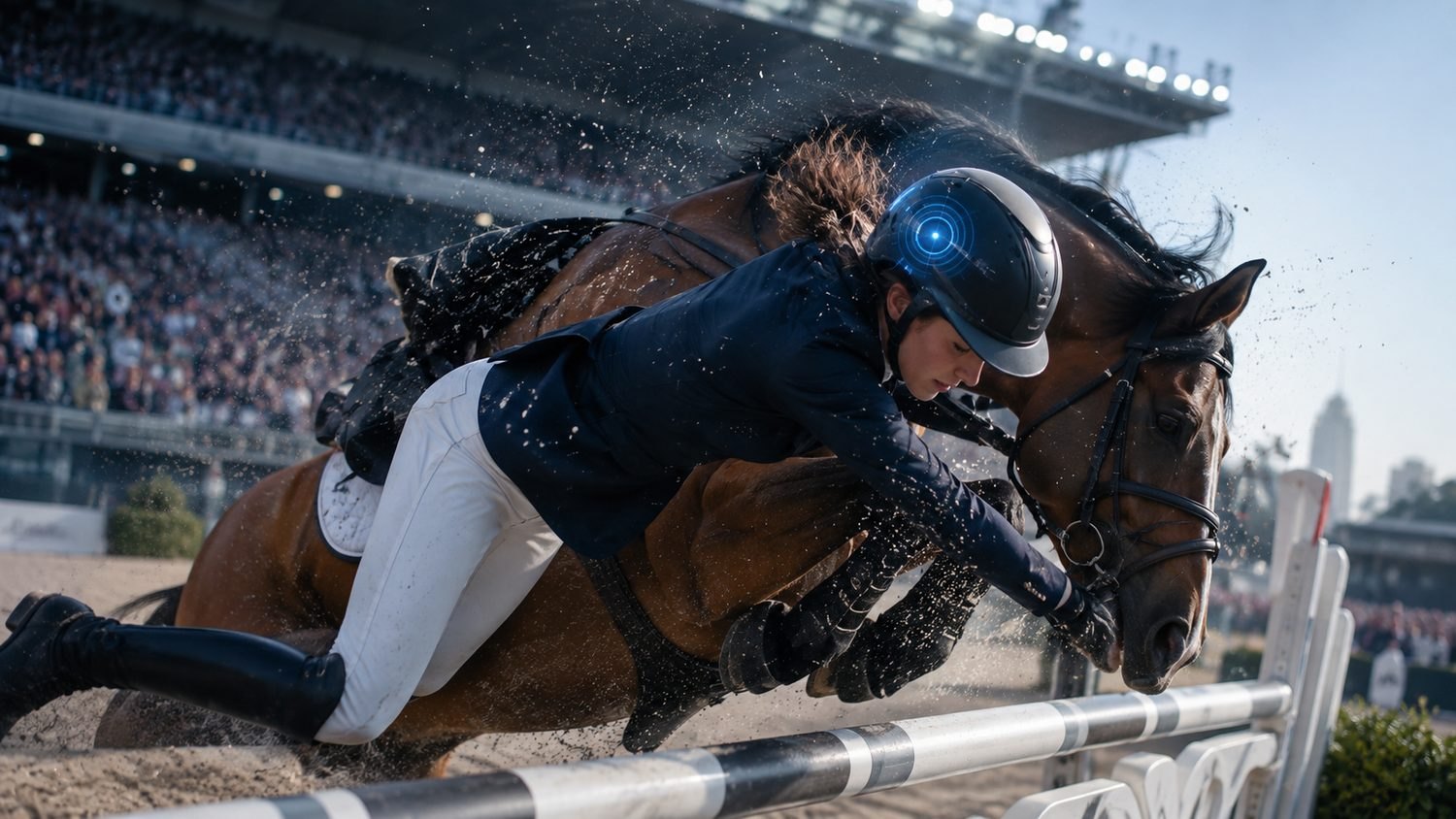 An equestrian rider clearing a jump, the head-impact forces visualised