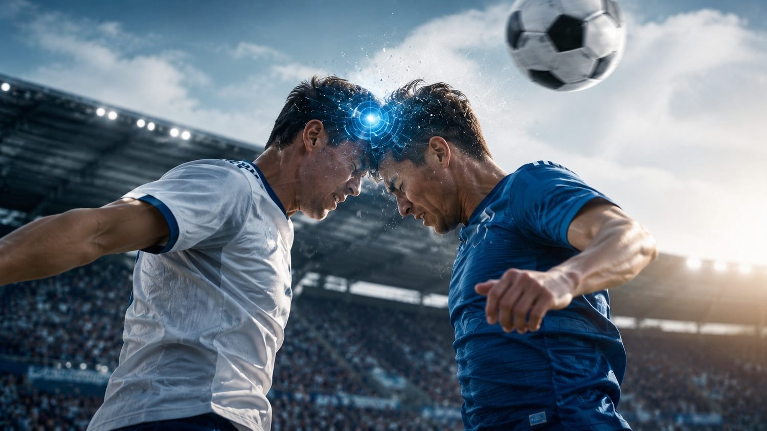 Two footballers heading a ball, the head-impact forces visualised